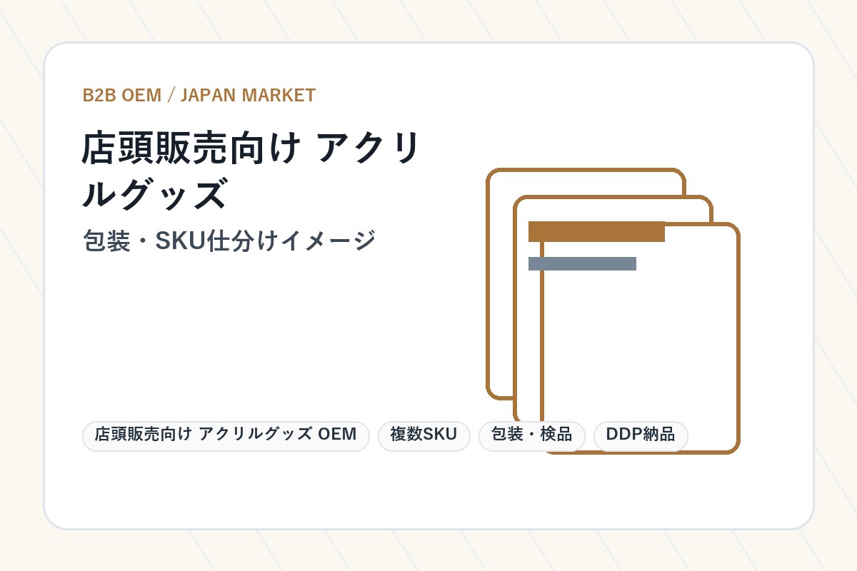 店頭販売向け アクリルグッズ OEM 包装・SKU仕分けイメージ