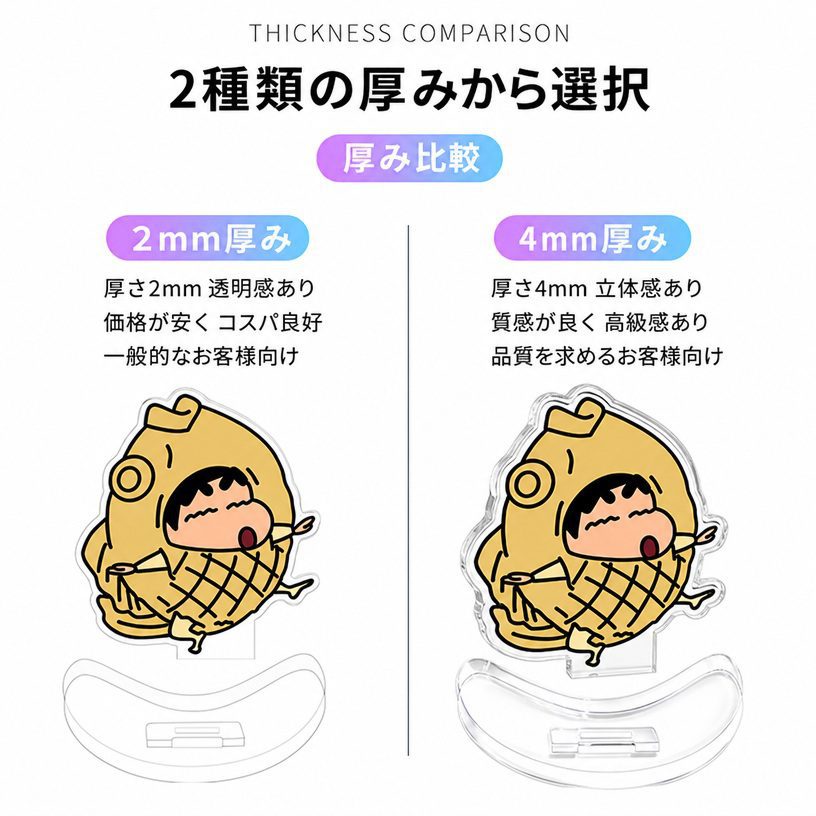 ゆらゆらアクスタの2mm厚と4mm厚の比較
