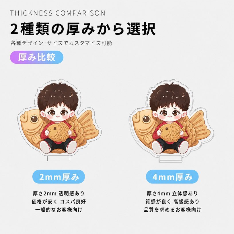 アクリルゆらゆらの2mm厚と4mm厚の仕上がり比較