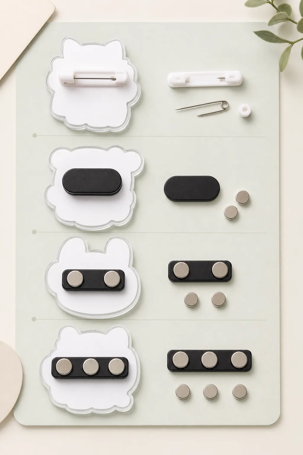 Back attachment options for acrylic badges, including standard pin, single magnet, double magnet and triple magnet hardware.