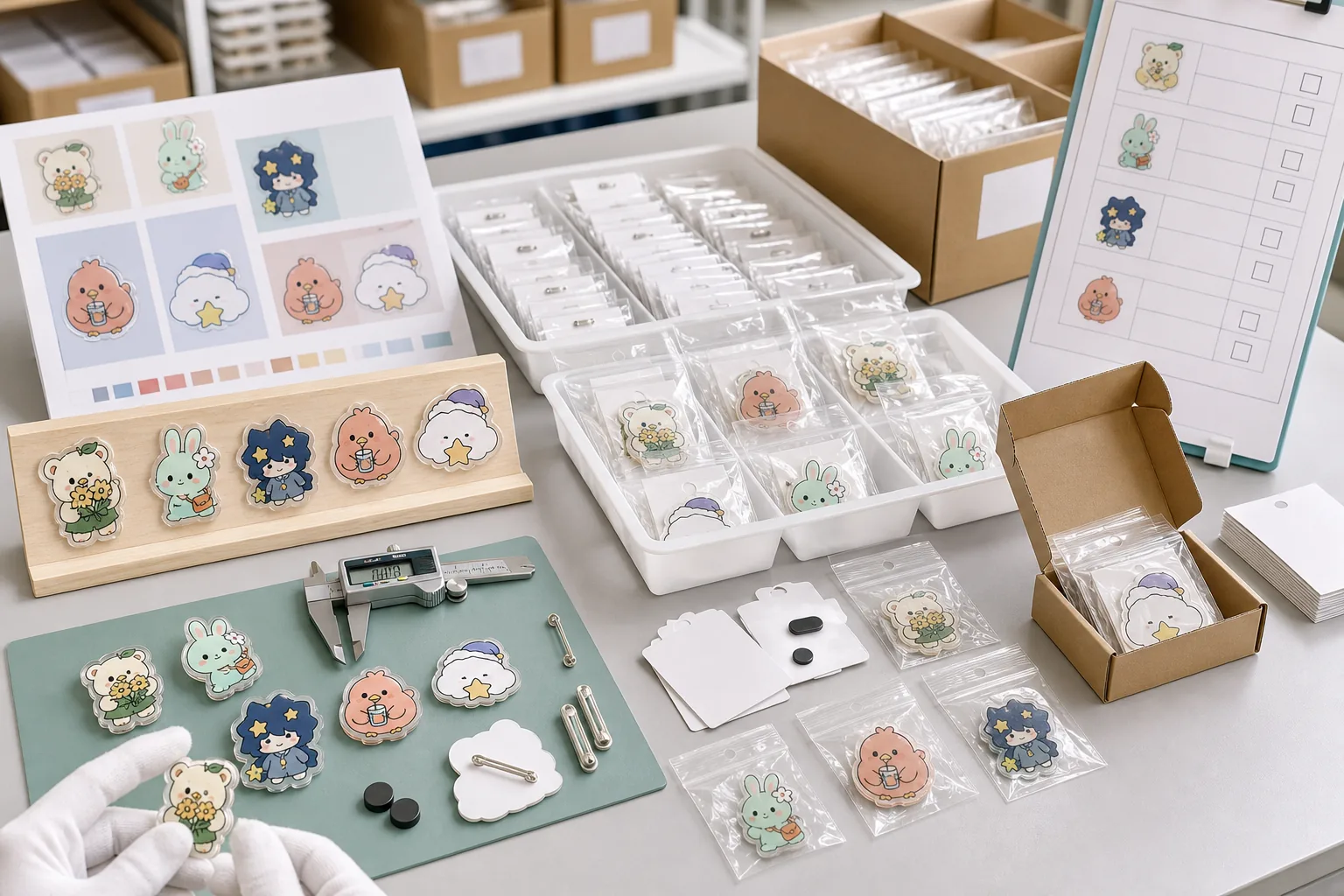 Acrylic badge packaging and QC inspection workbench with individual packing, SKU control and export-ready carton preparation.