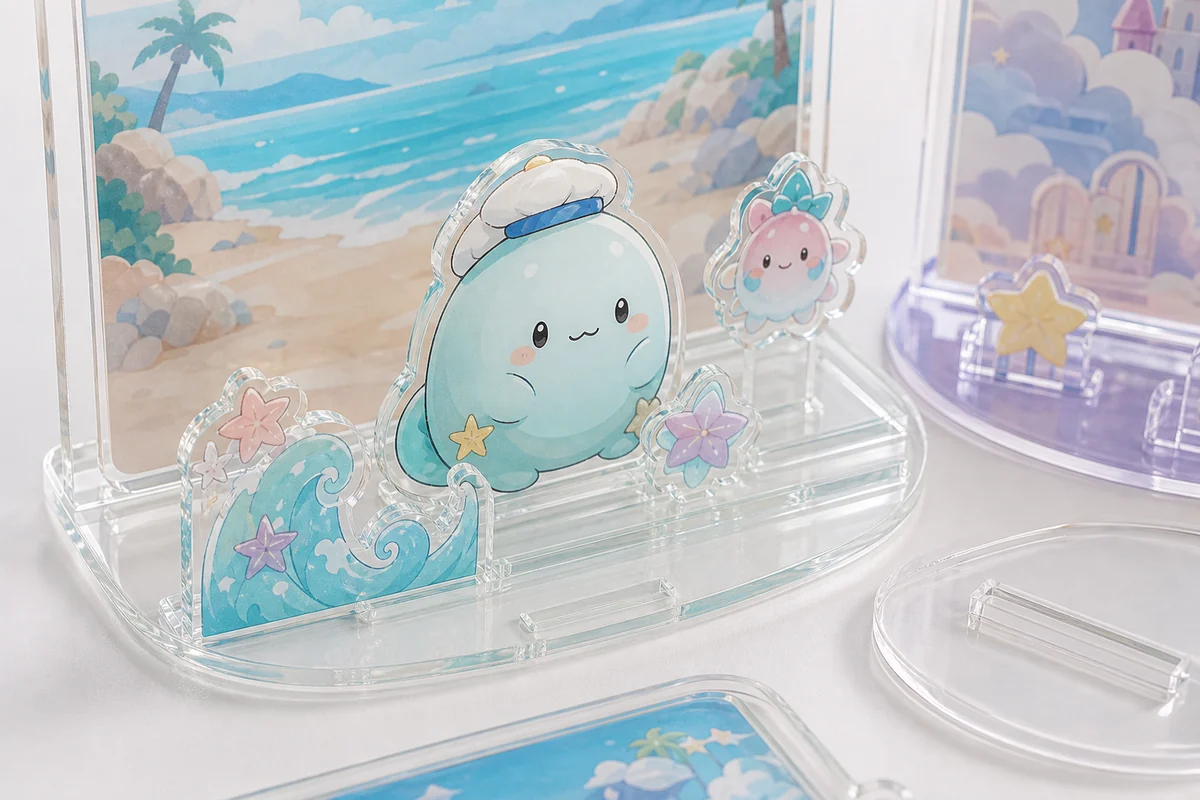 Acrylic diorama base slots and insert tabs for sample checking