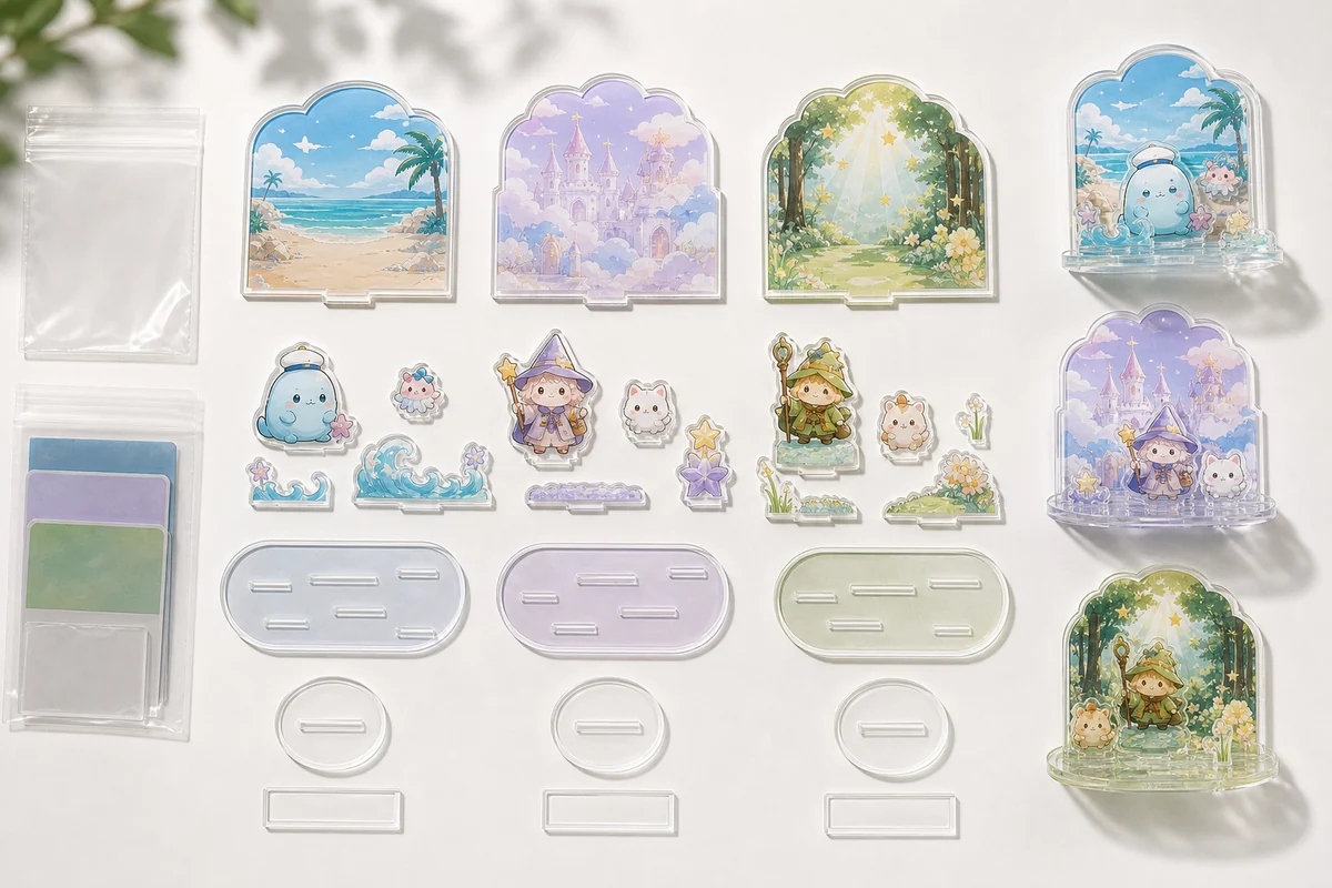 Acrylic diorama background plate and character parts arranged by layer