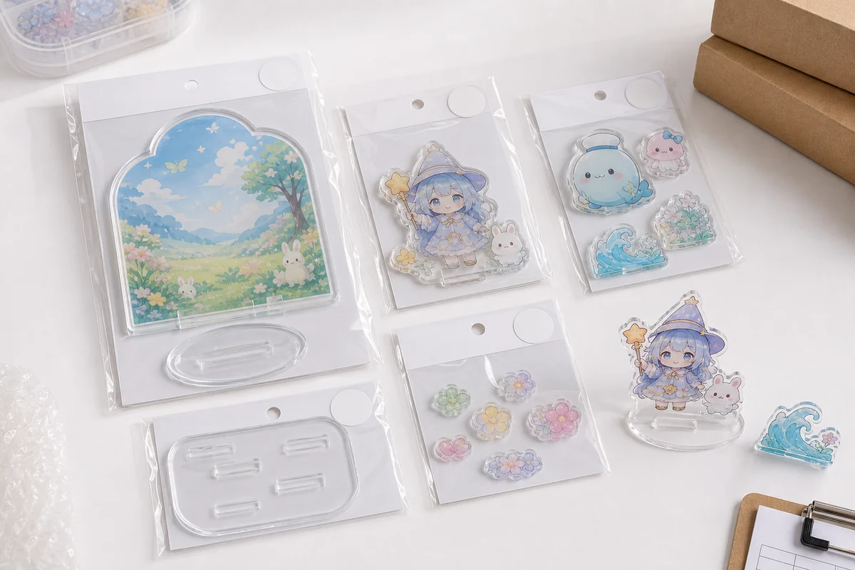 Separated acrylic diorama parts with OPP protective packaging