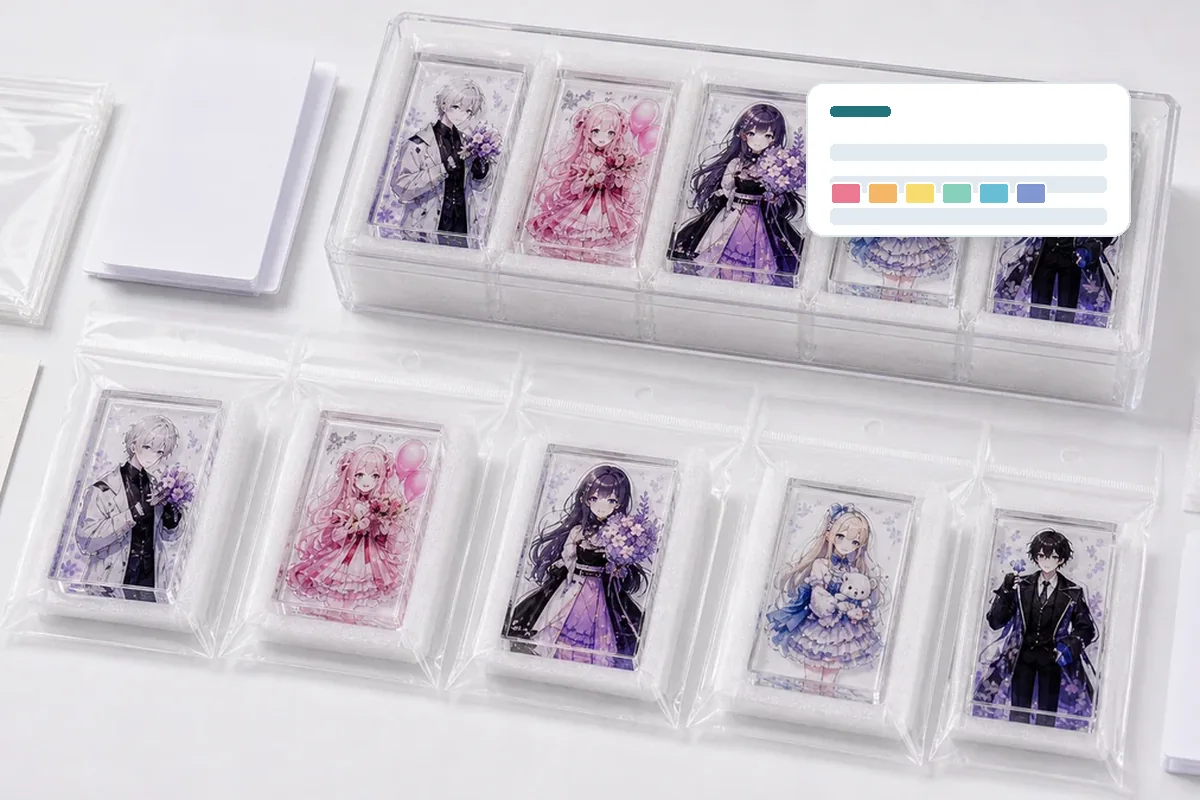 SKU-based OPP packaging and backing card control for acrylic goods