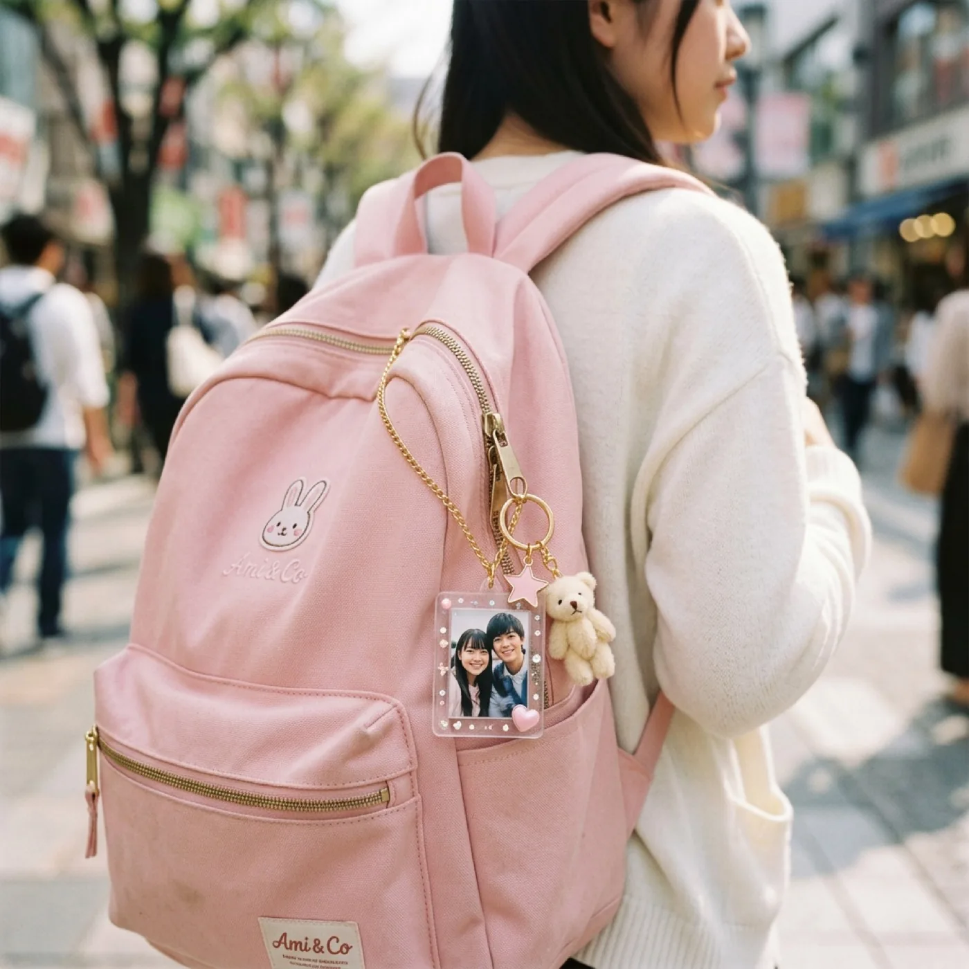 Acrylic mini photo charm attached to a backpack