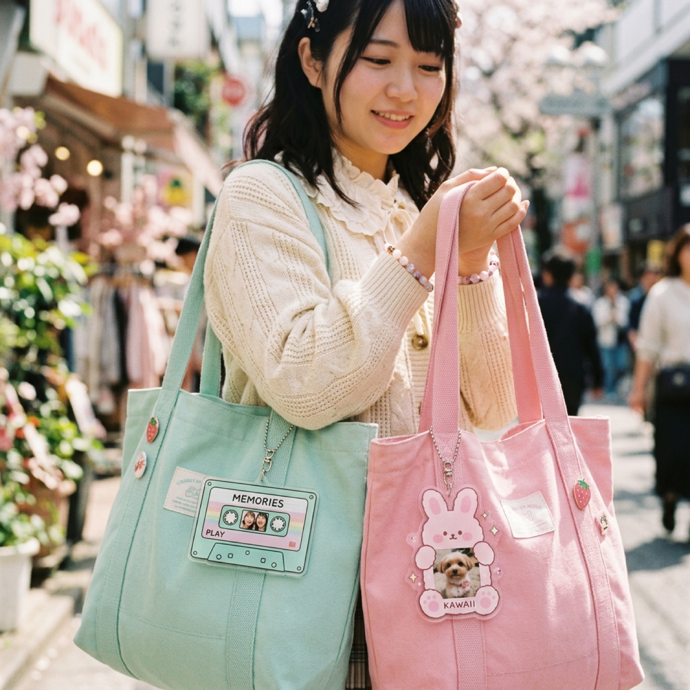トートバッグに付けたアクリルフォトチャーム