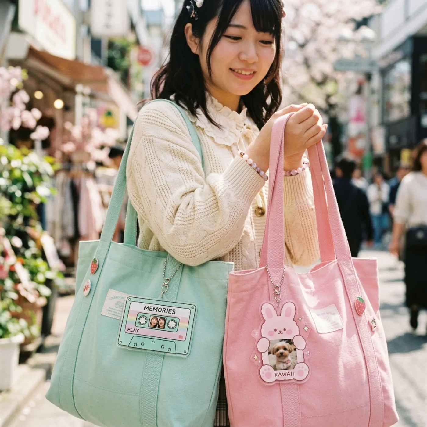 Acrylic photo charm attached to a tote bag