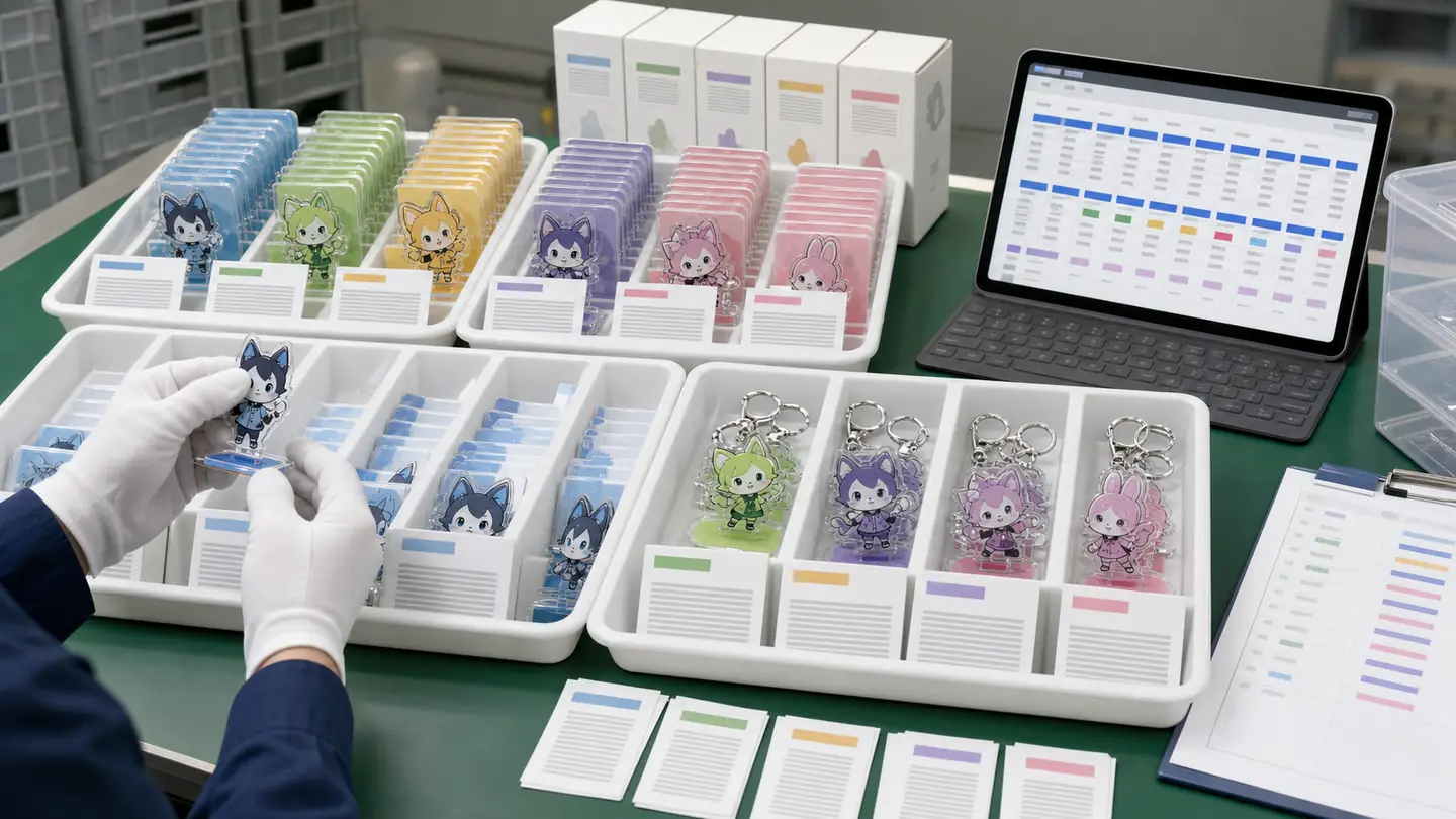 Acrylic goods SKU sorting trays and management sheet