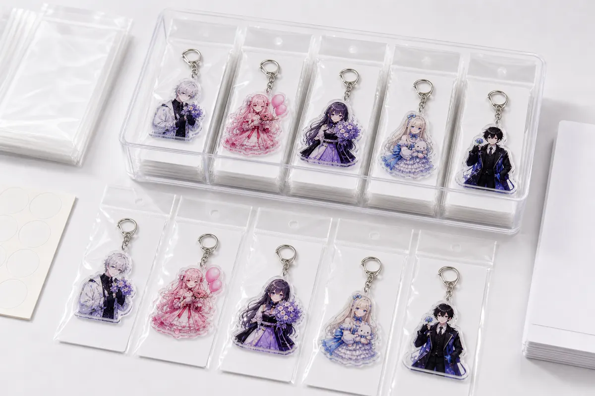 アニメイベント アクリルキーホルダー 製作 包装とSKU仕分けイメージ