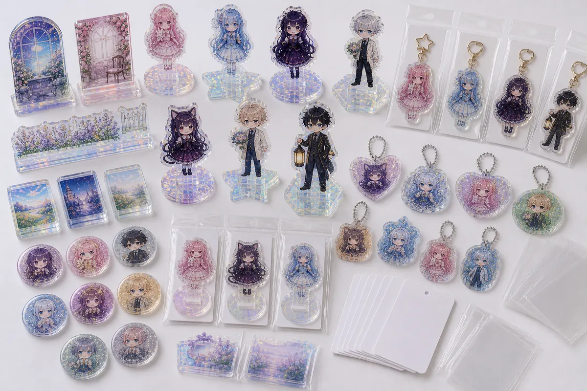アクリルキーホルダーやアクリルブロックを含むオーロラアクリルグッズシリーズ