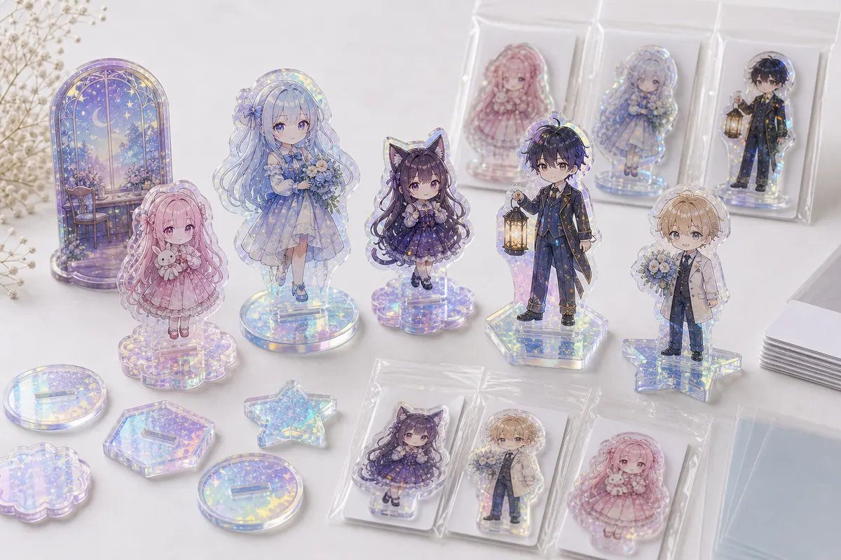 複数キャラクターと台座を並べたオーロラアクリルスタンドOEMサンプル