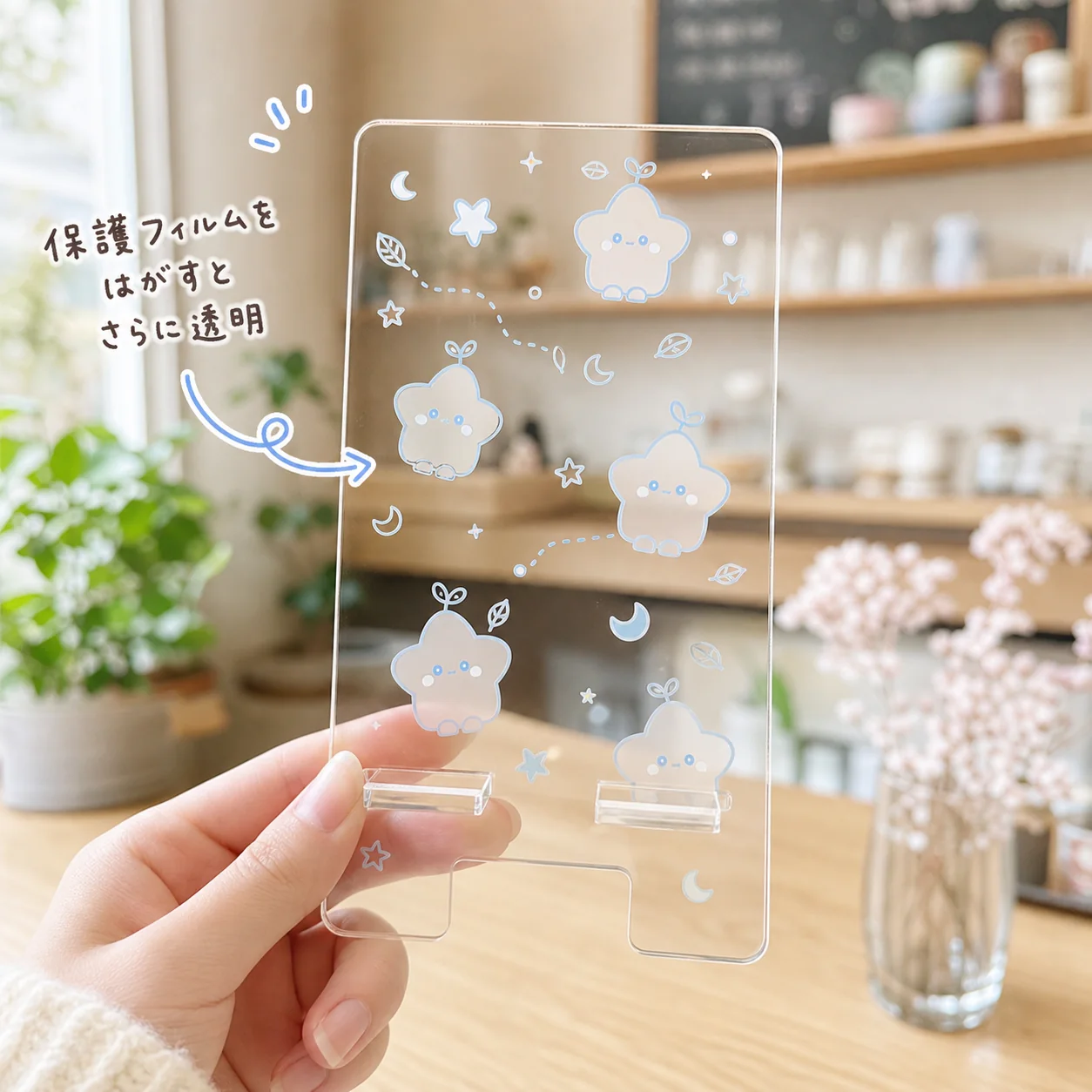 カフェシーンで使用する透明アクリルスマホスタンドのサンプル