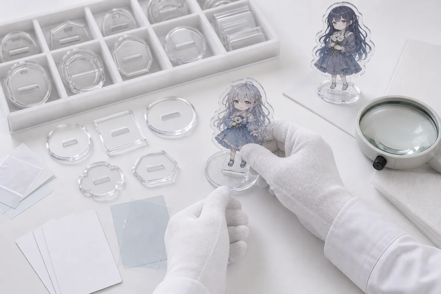 Checking acrylic stand base slot dimensions and pre-production samples