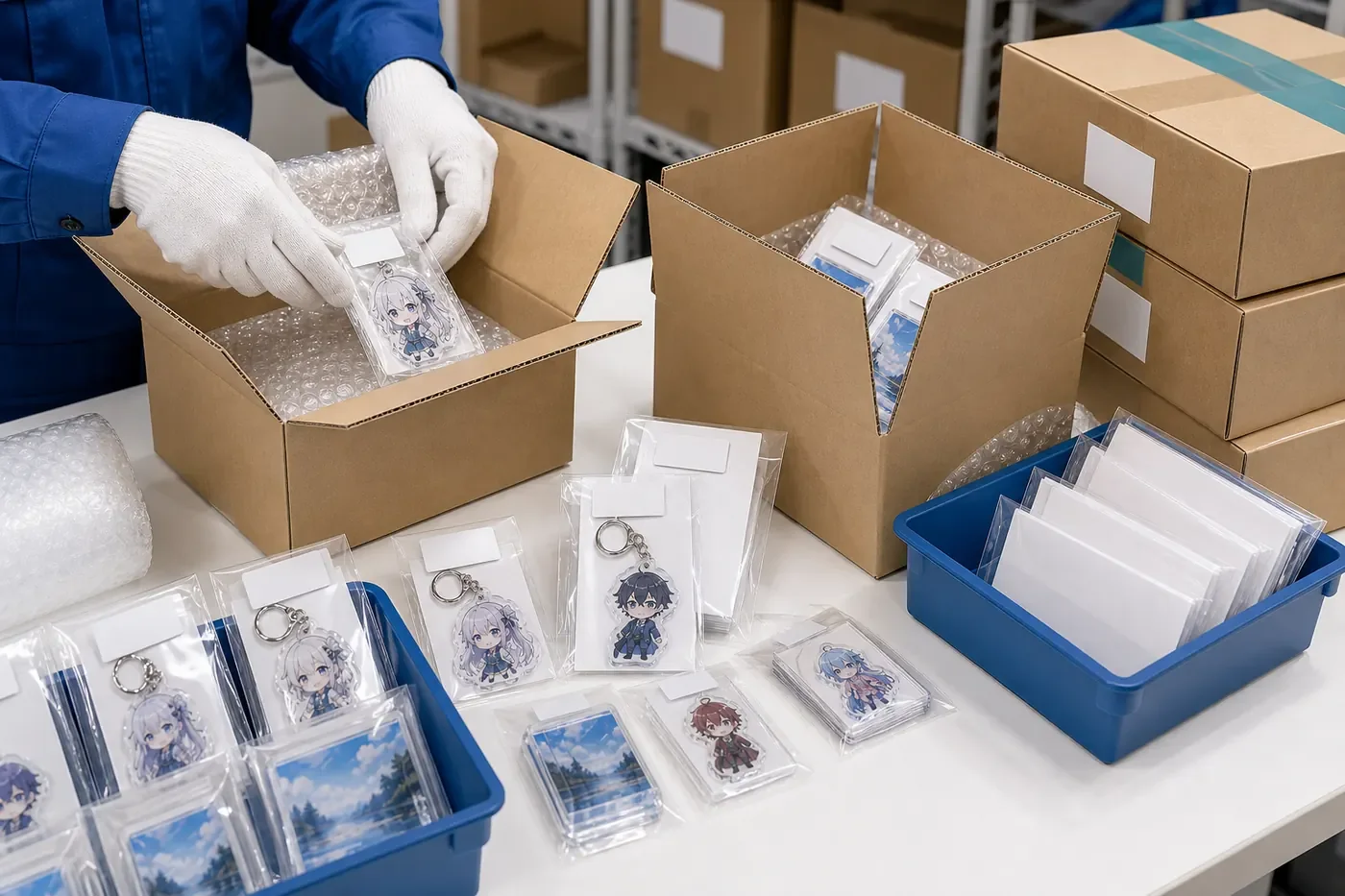 アクリルスタンドの出荷前検品、包装状態、外箱ラベルを確認する作業