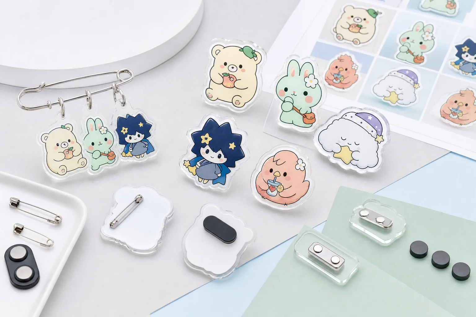 Custom acrylic badge OEM hero samples with original mascot characters, safety pin and magnet back options for promotional merchandise and fan goods.