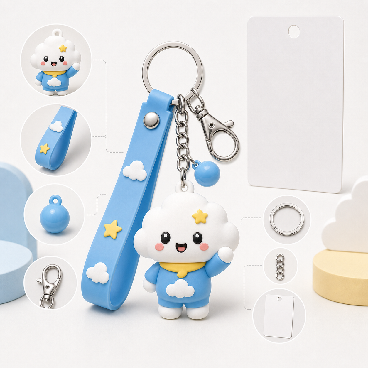 Complete PVC 3D mascot, PVC strap, and metal keyring hardware set