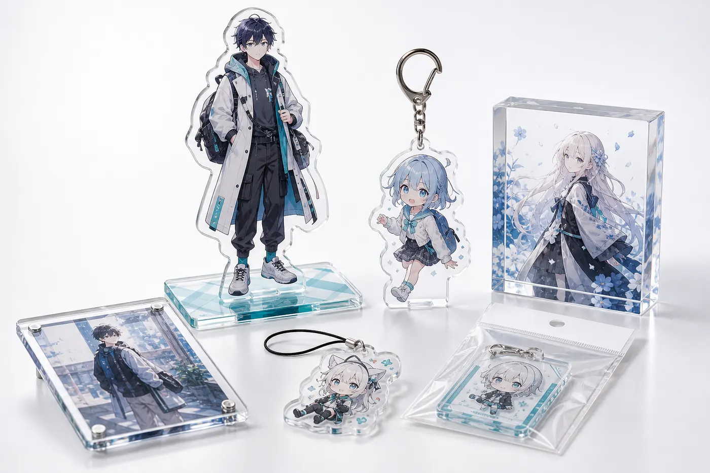Custom acrylic goods lineup with standees, keychains, charms and retail merchandise