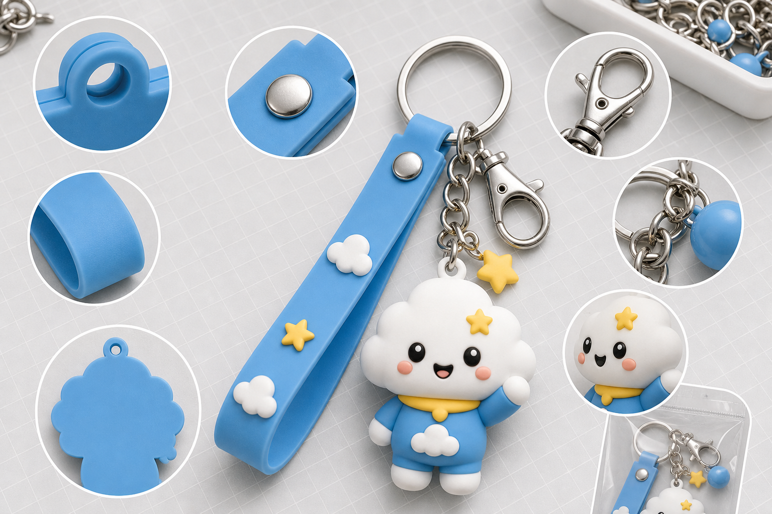 PVC keyring detail checks for holes, rivets, hardware, paint, and packaging clearance