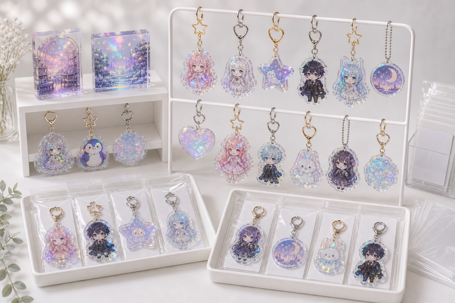 Hologram acrylic keychain display sample for event merchandise and lottery prizes