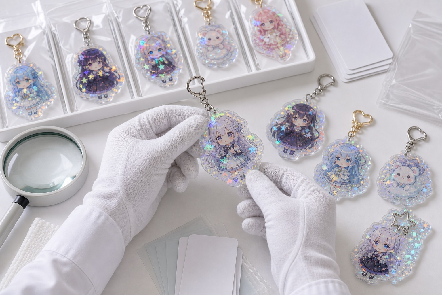 Pre-shipment inspection for print alignment and hardware attachment on hologram acrylic keychains