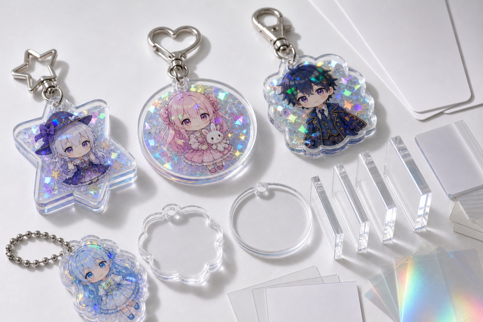 Acrylic keychain specification sample for hologram film, thickness, and printing checks