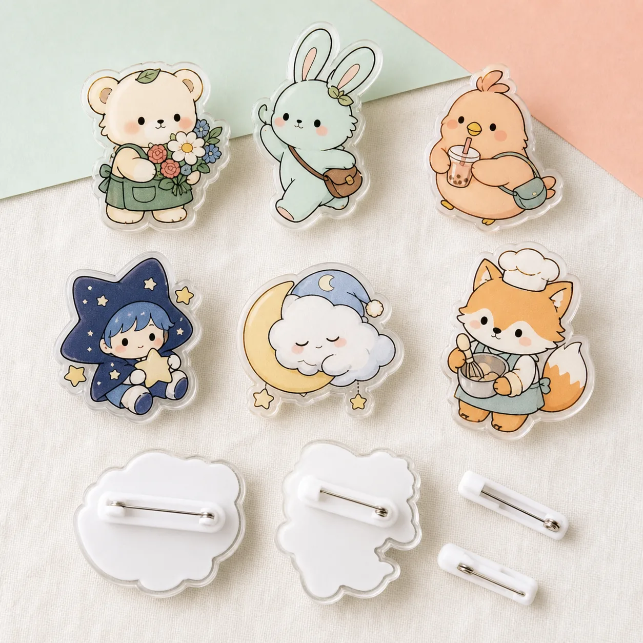 Kawaii original character acrylic pin badge lineup for OEM production, including bear, rabbit, chick, cloud, fox chef and fantasy mascot designs.