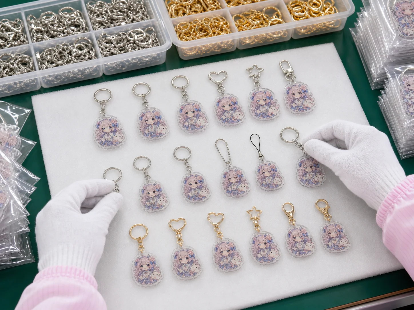 An image of acrylic keychains arranged by metal fittings such as eggplants and ball chains.