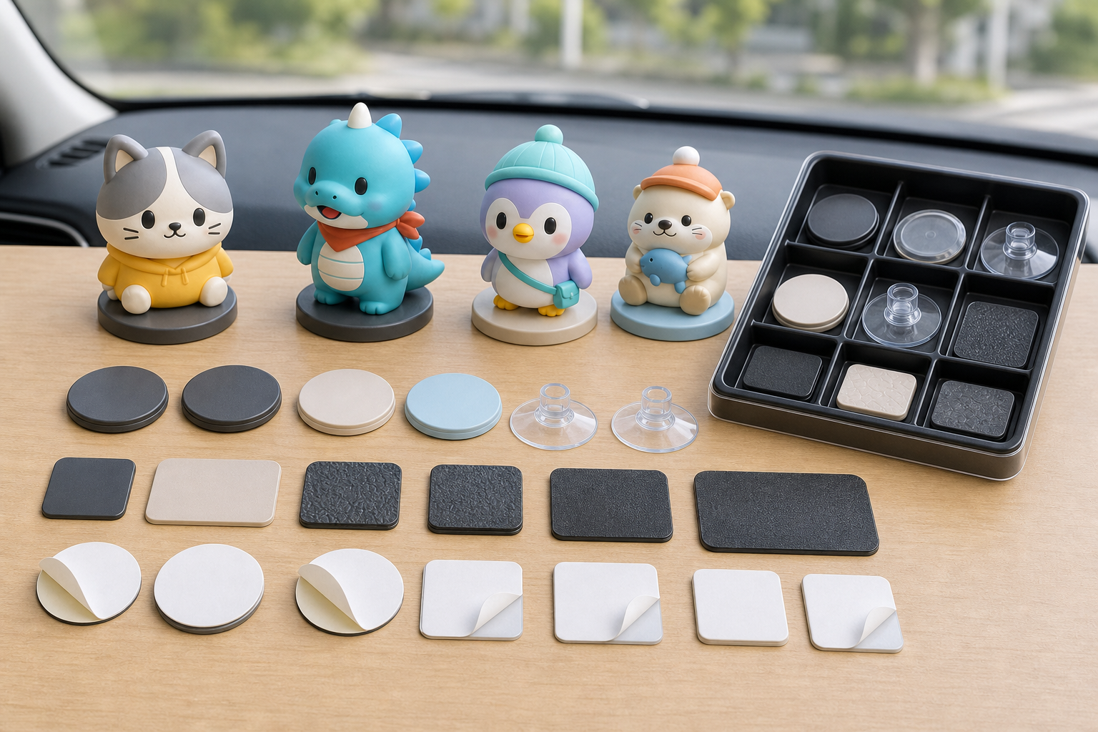 PVC car dashboard figure base, suction cup, anti-slip pad, and adhesive pad samples
