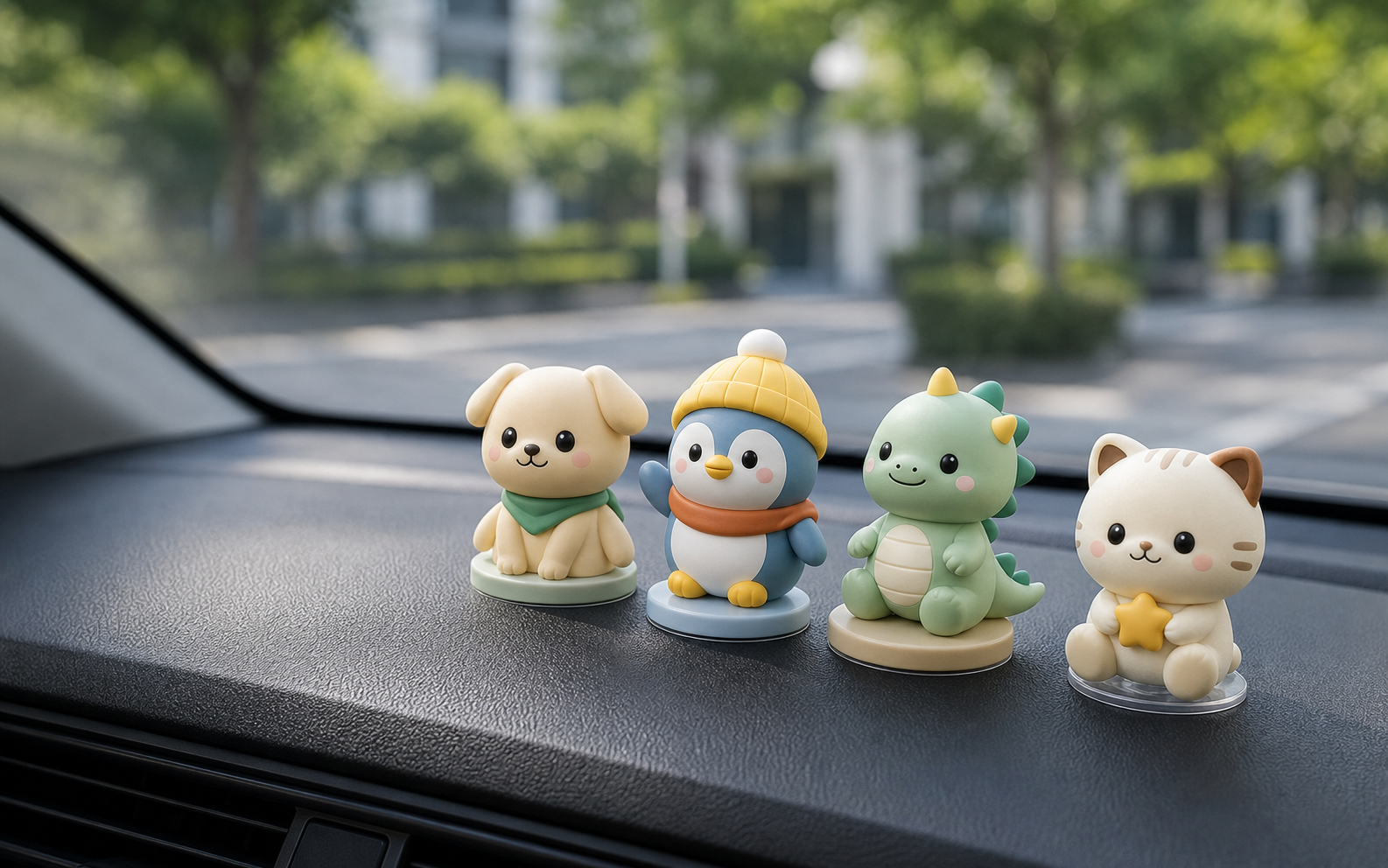 PVC car dashboard figure OEM samples displayed on an in-car dashboard