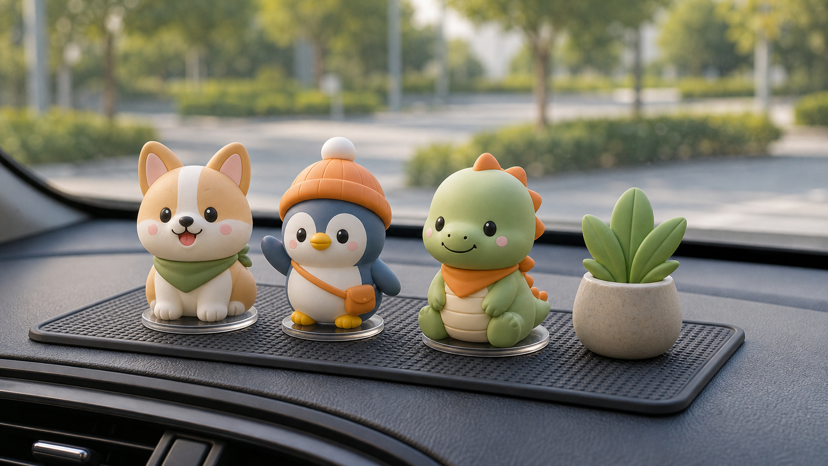 PVC car dashboard figures placed on an anti-slip mat inside a vehicle