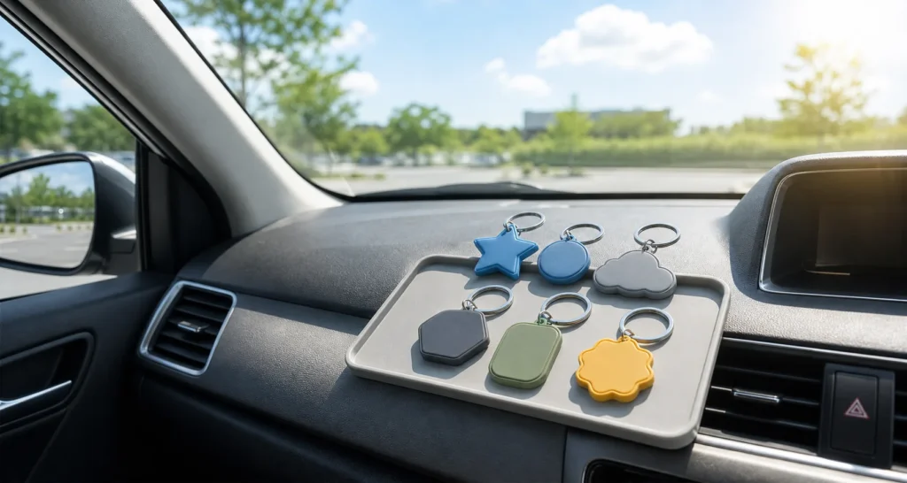 夏の車内でPVCラバーグッズの熱と紫外線リスクを確認するイメージ
