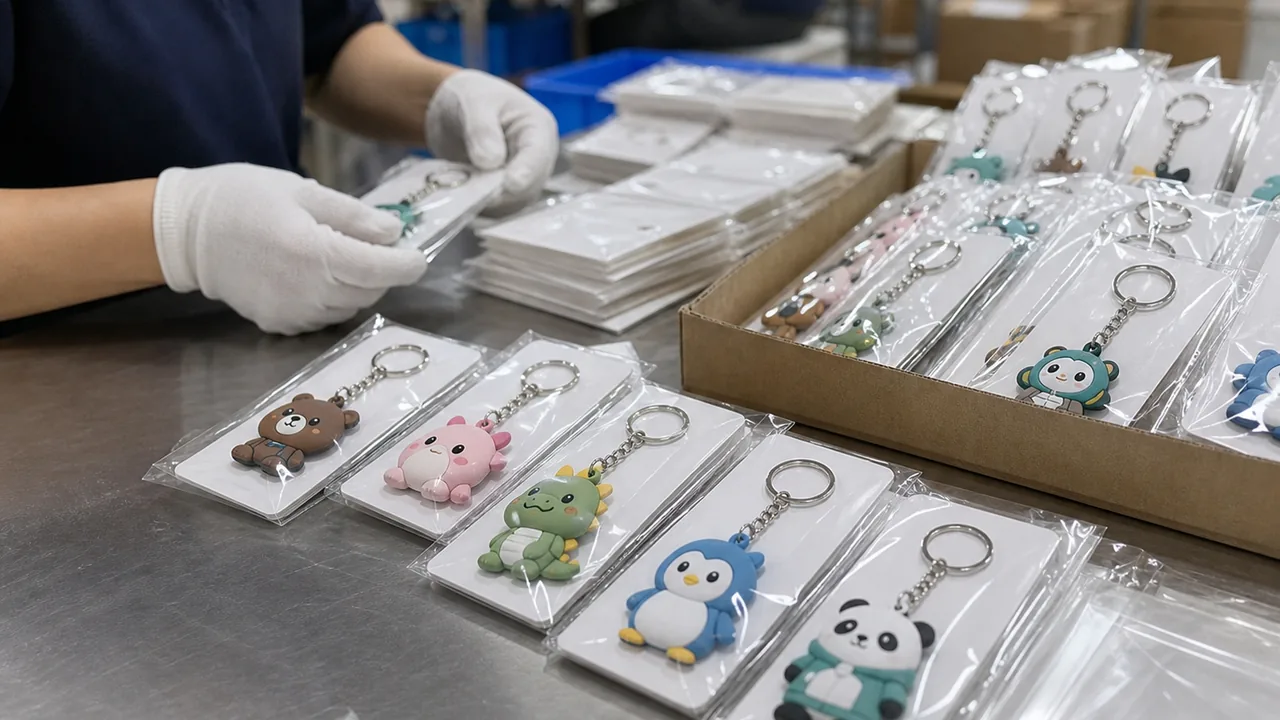 出荷前に個包装済みPVCフィギュアの色とSKUを確認する工場検品ライン