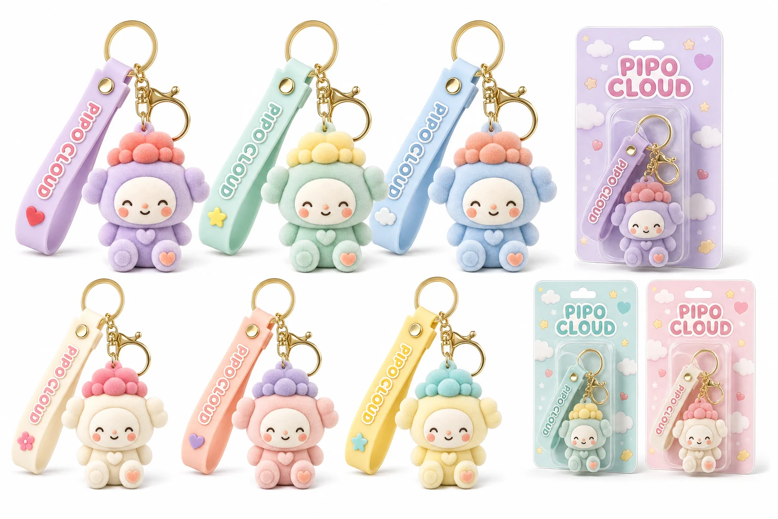 Mascot keychain and blister packaging sample with flocking after PVC molding