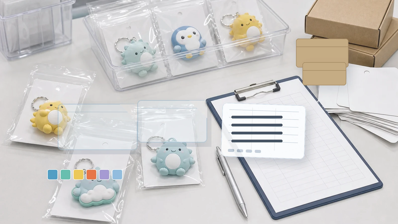 PVCグッズのOPP袋、台紙、JANラベル、外箱仕様