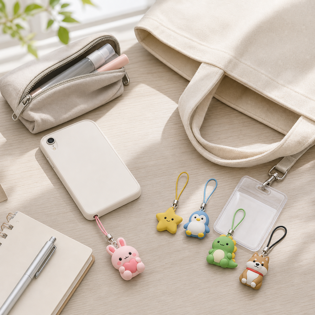 Lifestyle use case for PVC smartphone straps with phone, pouch, and bag accessories