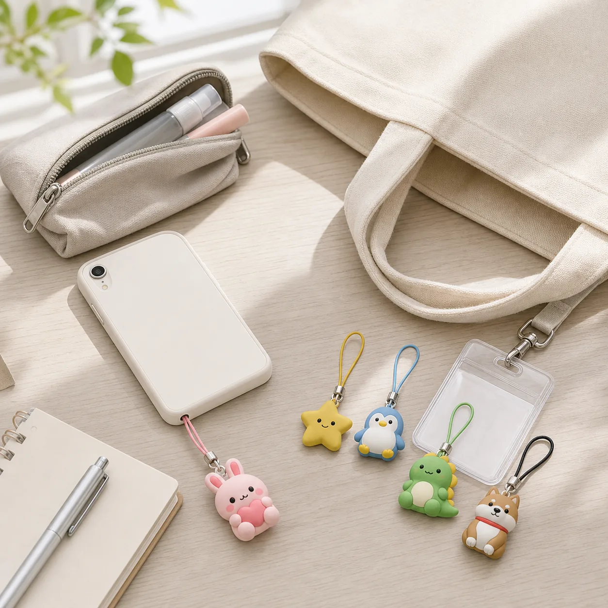 Lifestyle use case for PVC smartphone straps with phone, pouch, and bag accessories