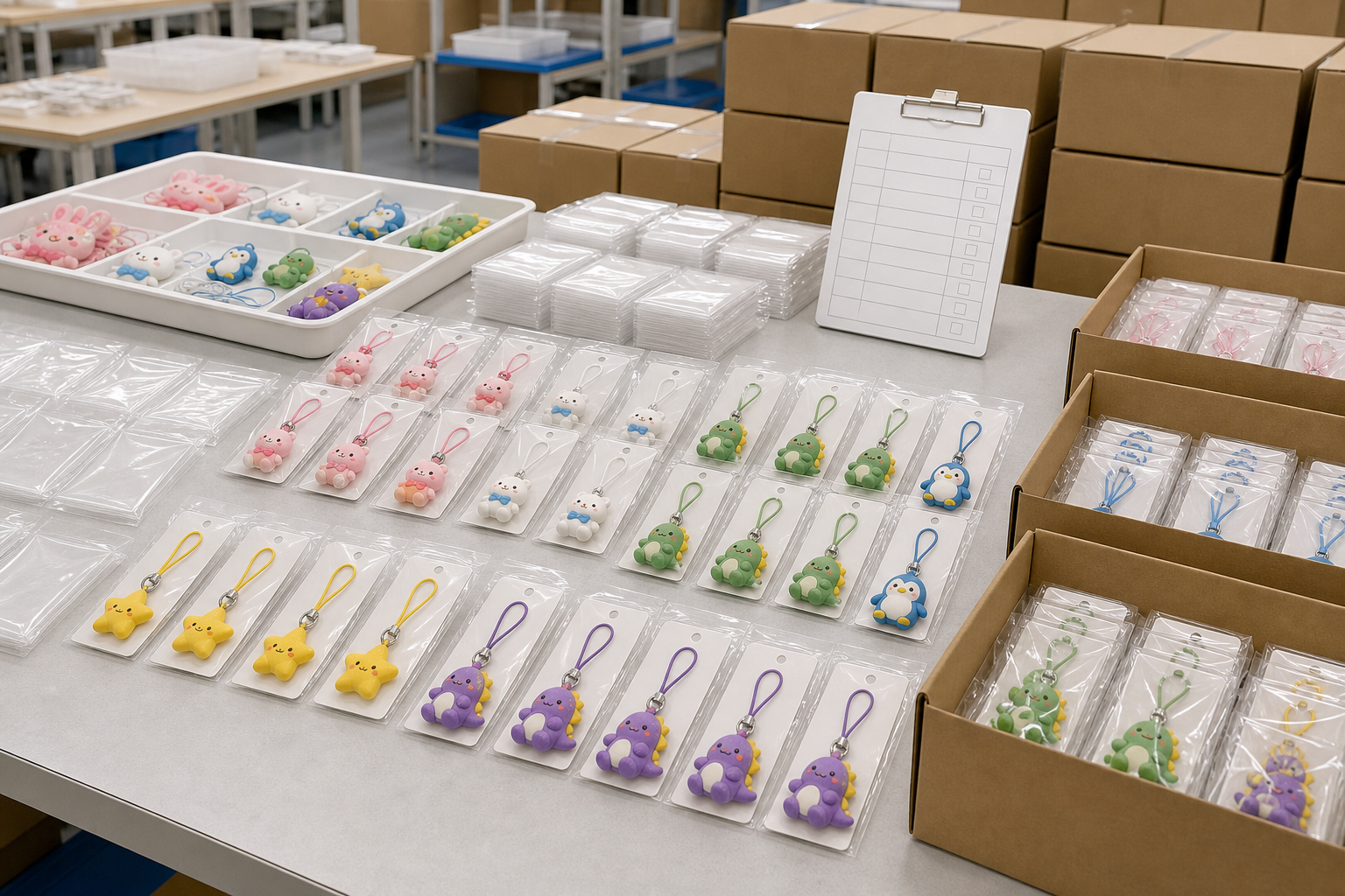 Mass-production PVC smartphone straps sorted by SKU and prepared for carton shipment