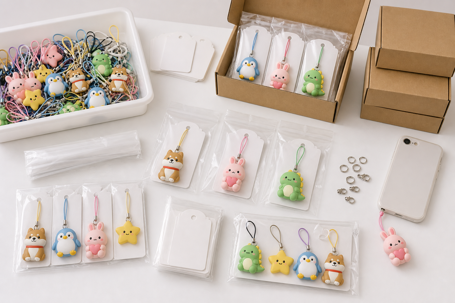 PVC smartphone strap OEM samples prepared with backing card packaging and shipment-ready grouping