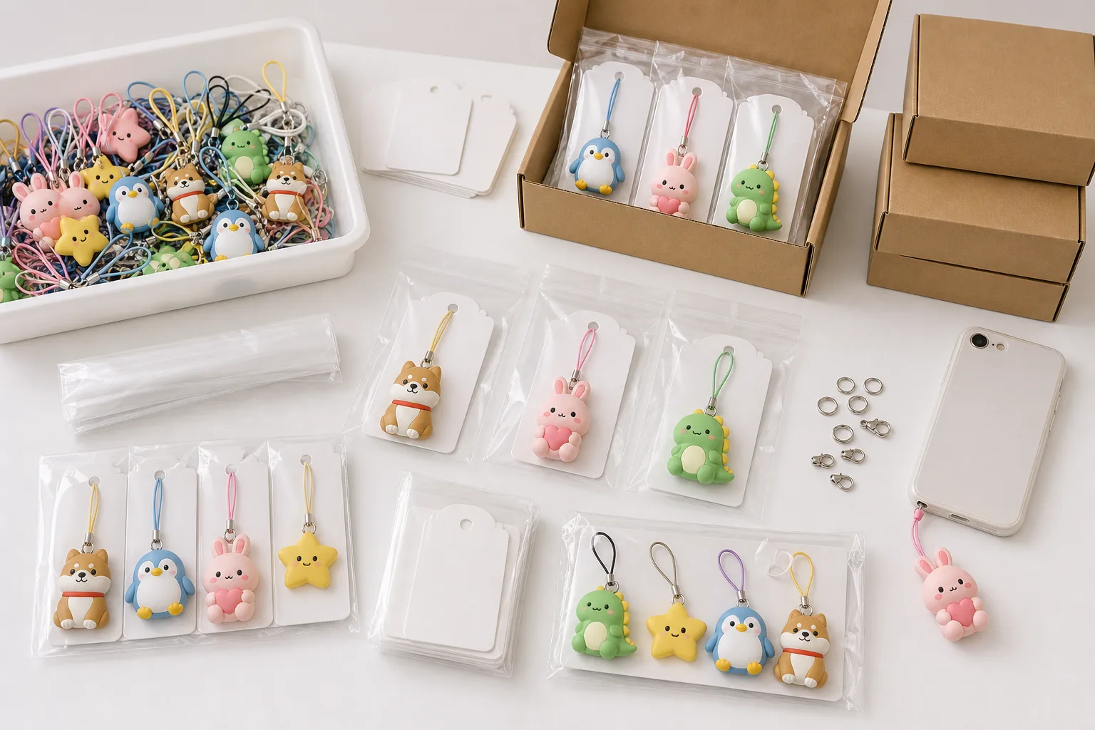 PVC smartphone strap OEM samples prepared with backing card packaging and shipment-ready grouping