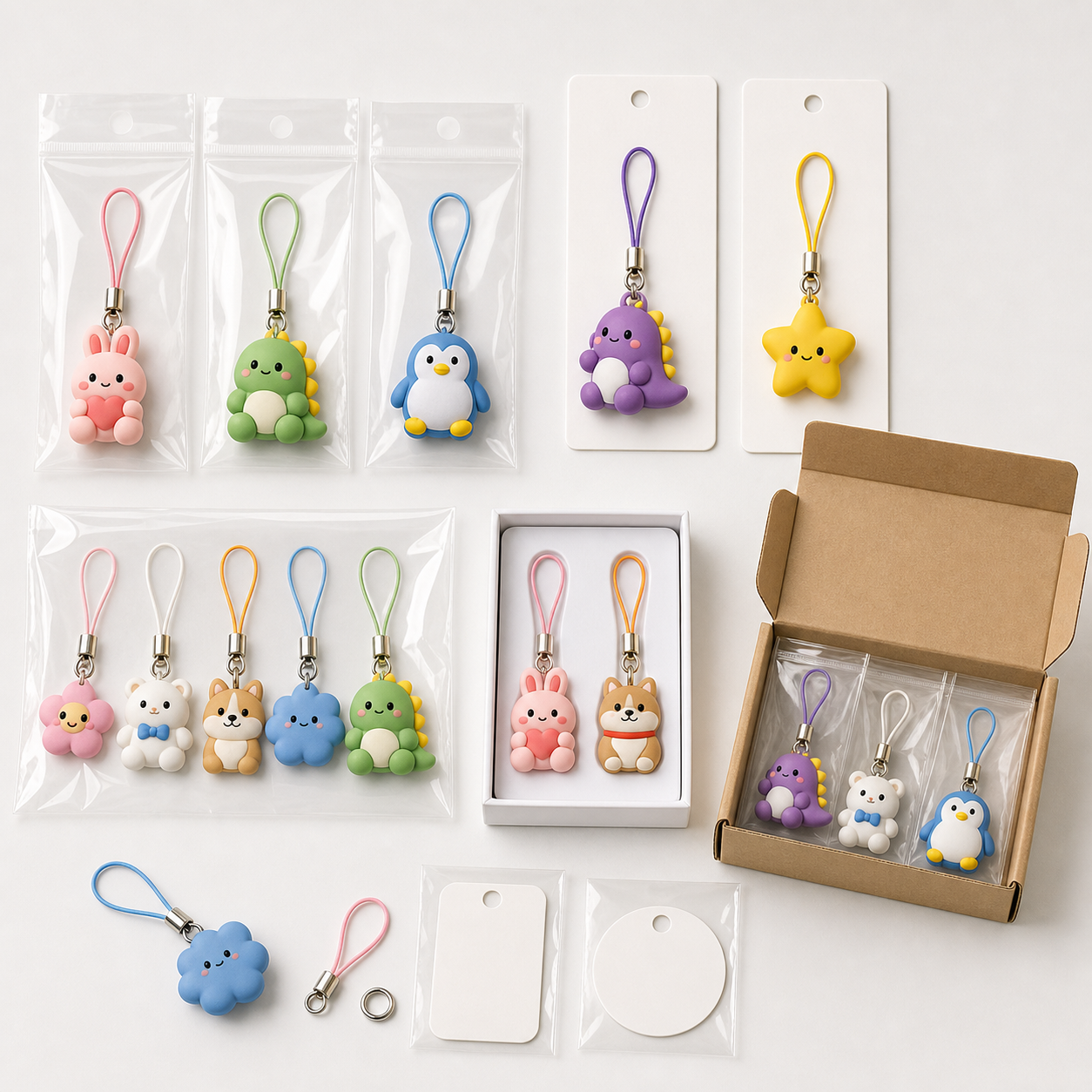 Packaging options for PVC smartphone straps including OPP bags, backing cards, and display cards