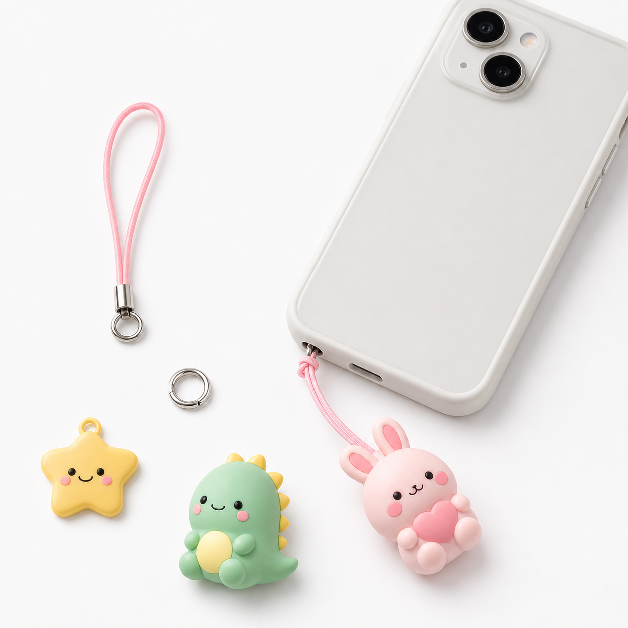 PVC smartphone strap structure sample with a single phone-case strap hole and PVC charm parts