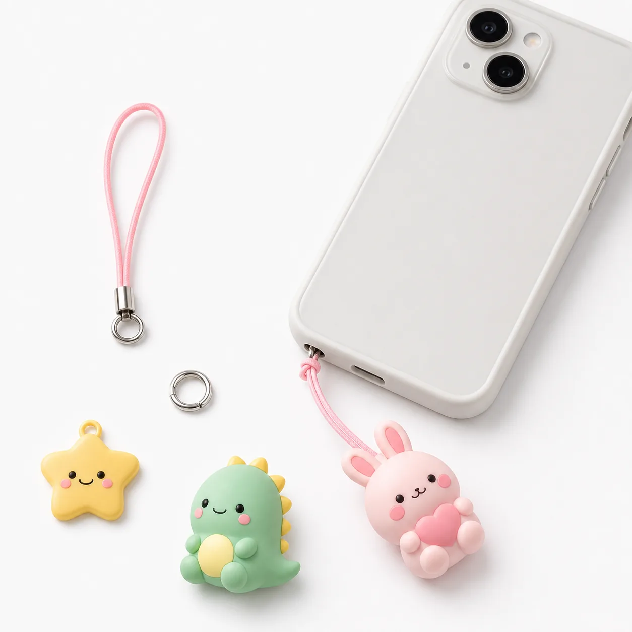 PVC smartphone strap structure sample with a single phone-case strap hole and PVC charm parts