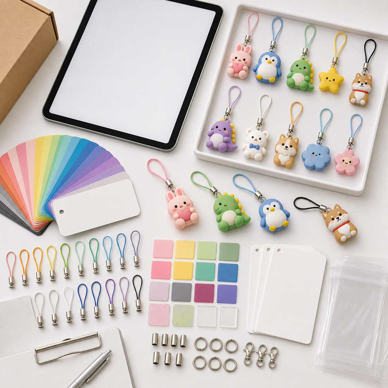 Quote preparation materials for PVC smartphone strap OEM including color swatches, cords, fittings, and packaging samples