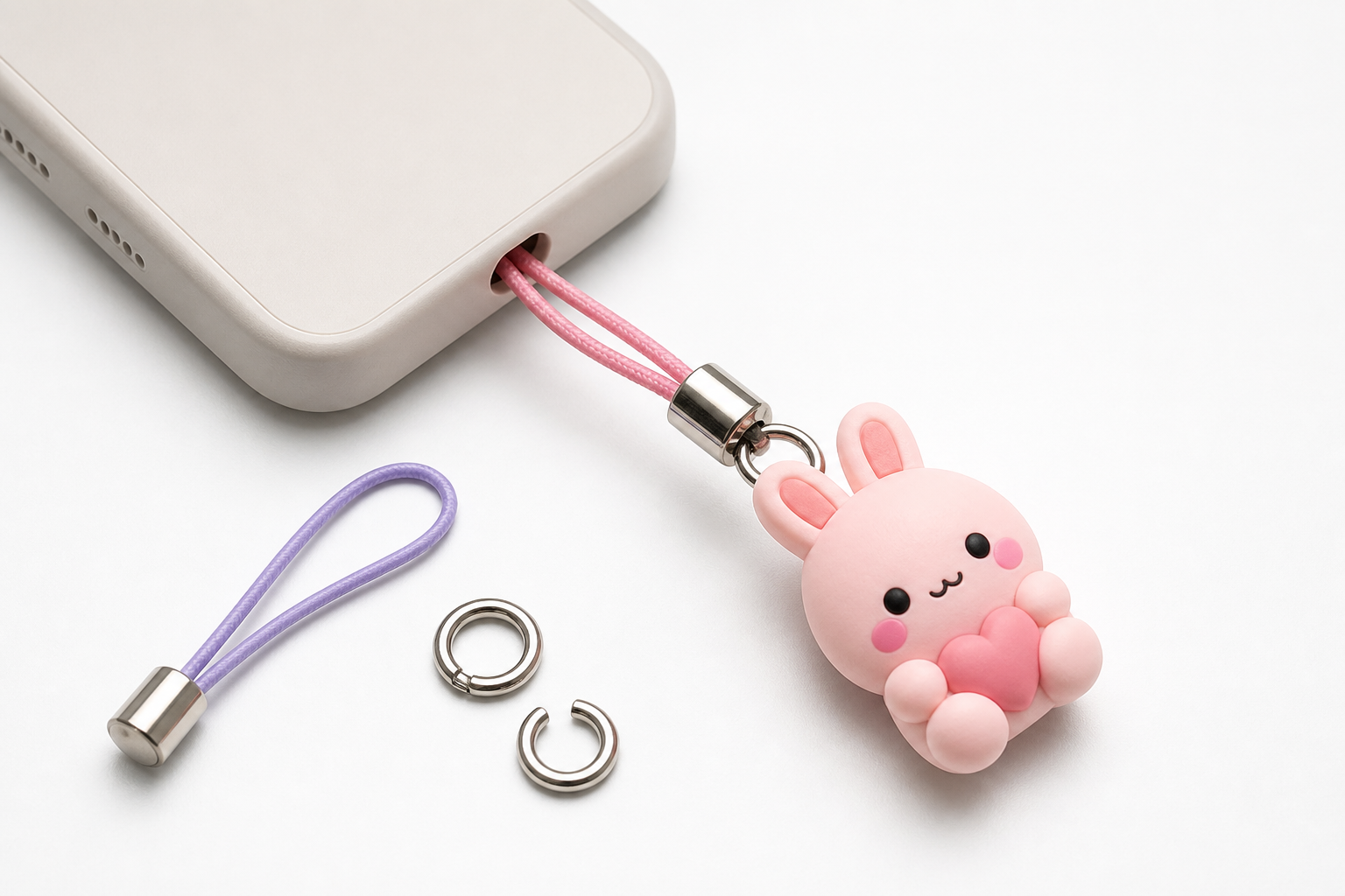 Close-up of one PVC smartphone strap passing through a single strap hole on a phone case