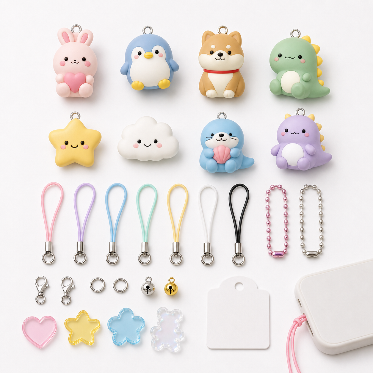 PVC smartphone strap SKU options with cord colors, metal fittings, and PVC charm samples