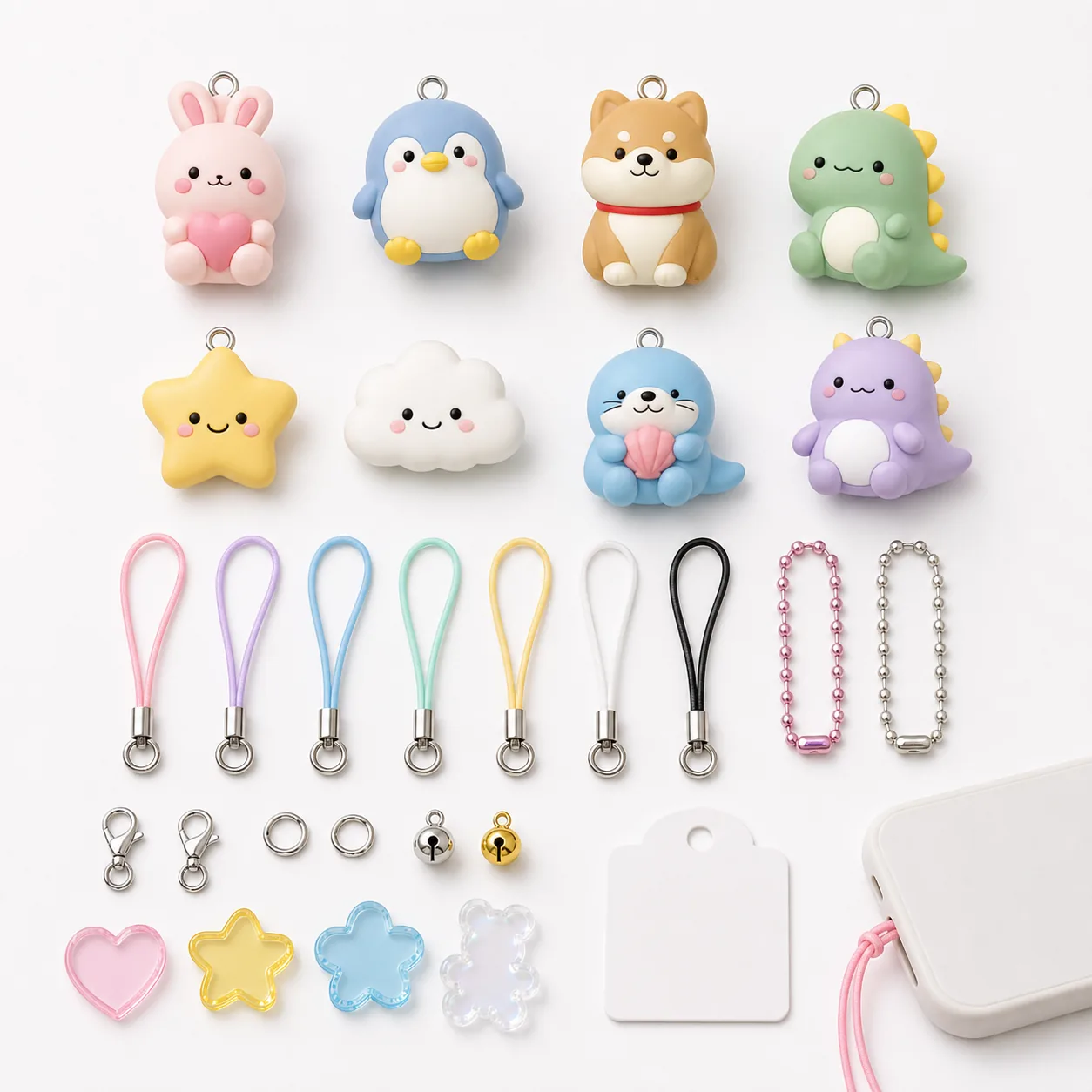 PVC smartphone strap SKU options with cord colors, metal fittings, and PVC charm samples