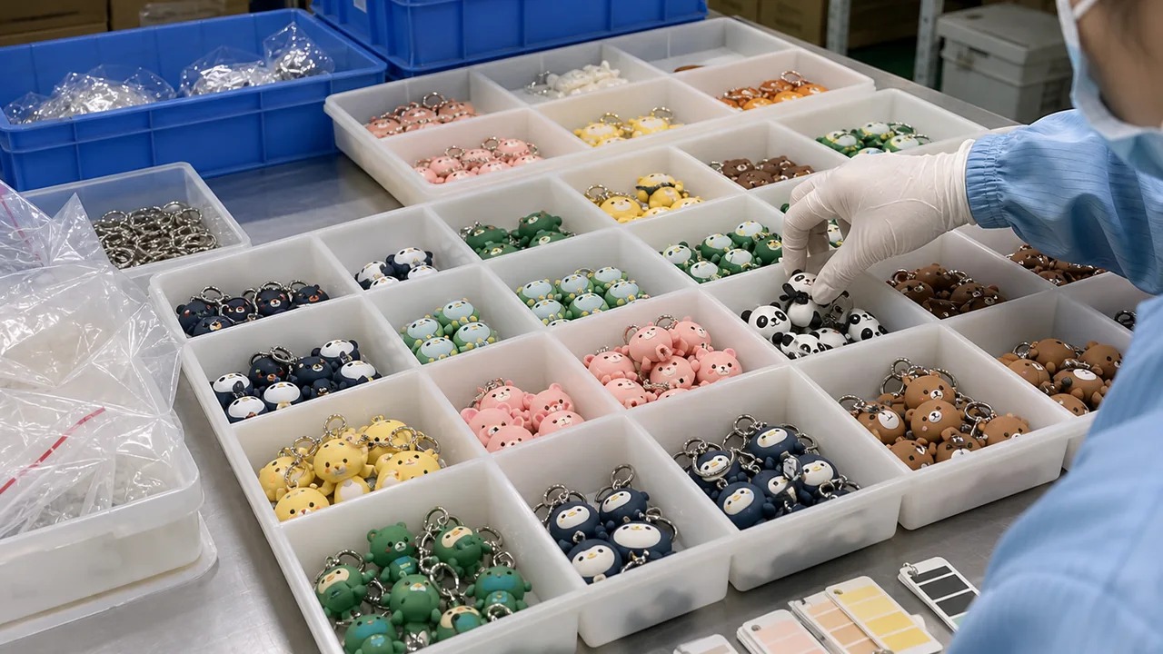 PVCソフビの量産前承認サンプルをSKU別に保管したトレイ