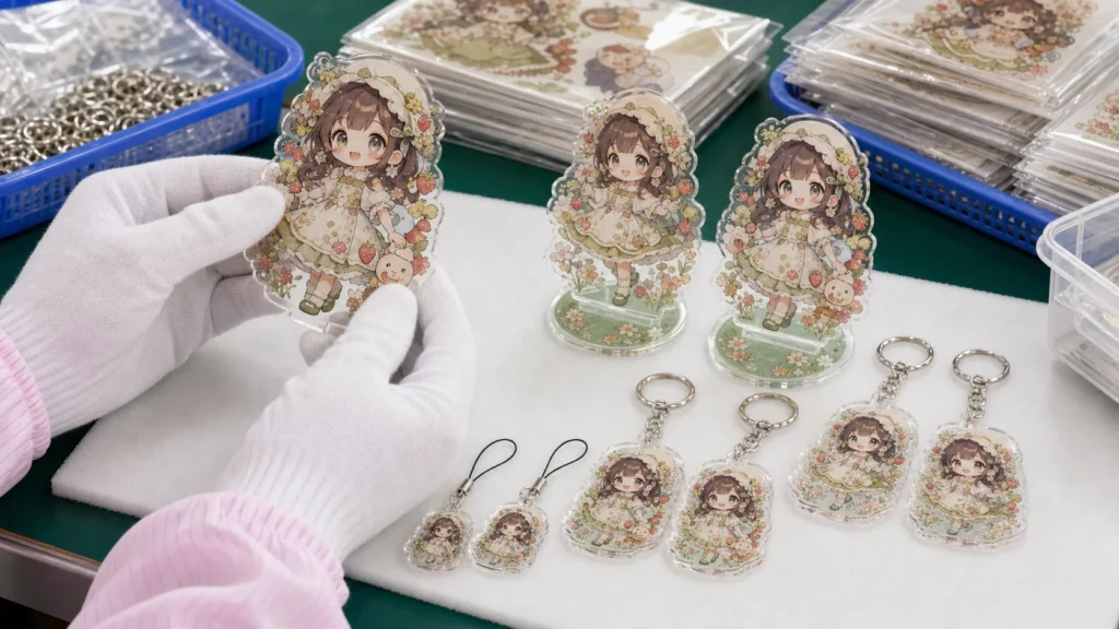 オリジナルIPのアクリルグッズを白手袋で目視検品する中国工場の品質管理イメージ