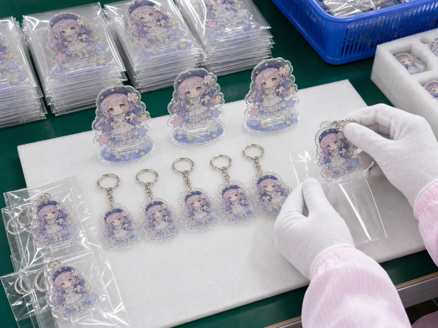 Inspection image of acrylic stands and acrylic key chains being OPP packaged before shipping
